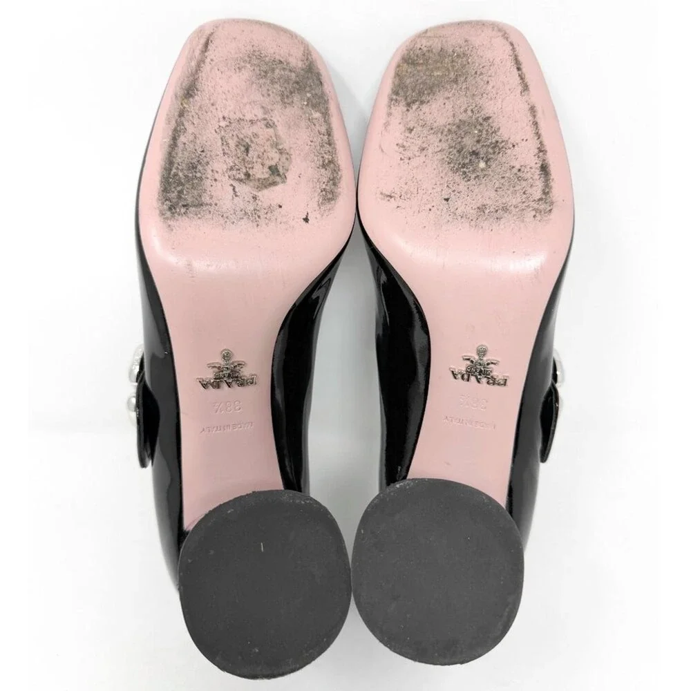 Prada Black Patent Mary Jane‎ Heels Silver Buckle Block Pumps 38.5
